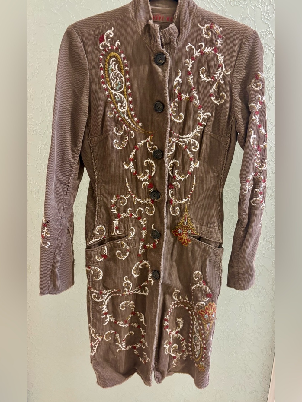 Johnny Was Embroidered Corduroy Long Coat Jacket - Brown